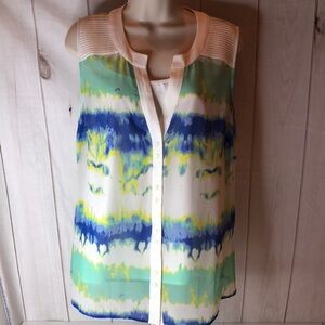 Catherine Malandrino Blue White Yellow Mint Sleeveless Sheer Top w Cami size 8